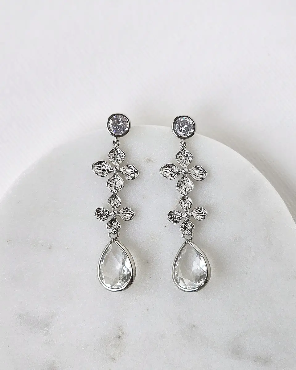 Aros circonita doble flor y cristal plata 2