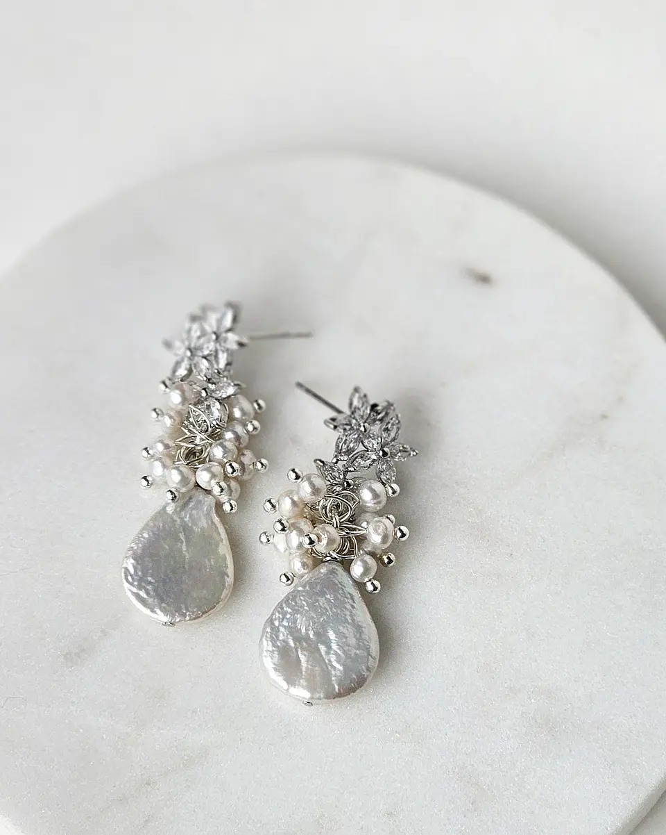 Aros tres flores circonita y perla natural silver 5