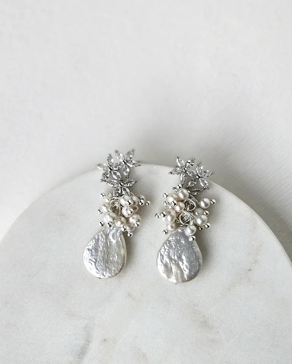 Aros tres flores circonita y perla natural silver 2