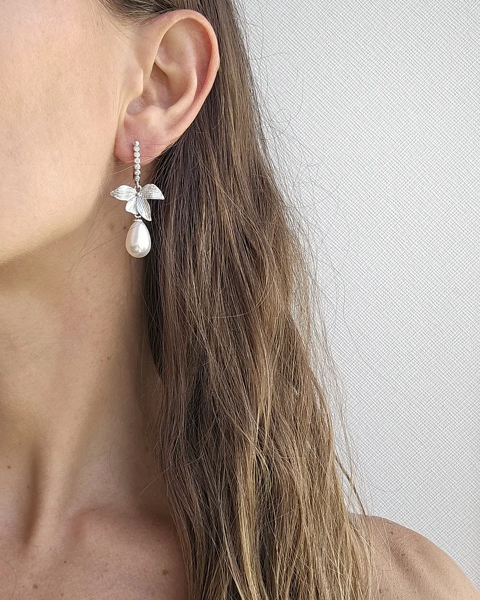 Aros argolla, hoja y perla silver 4