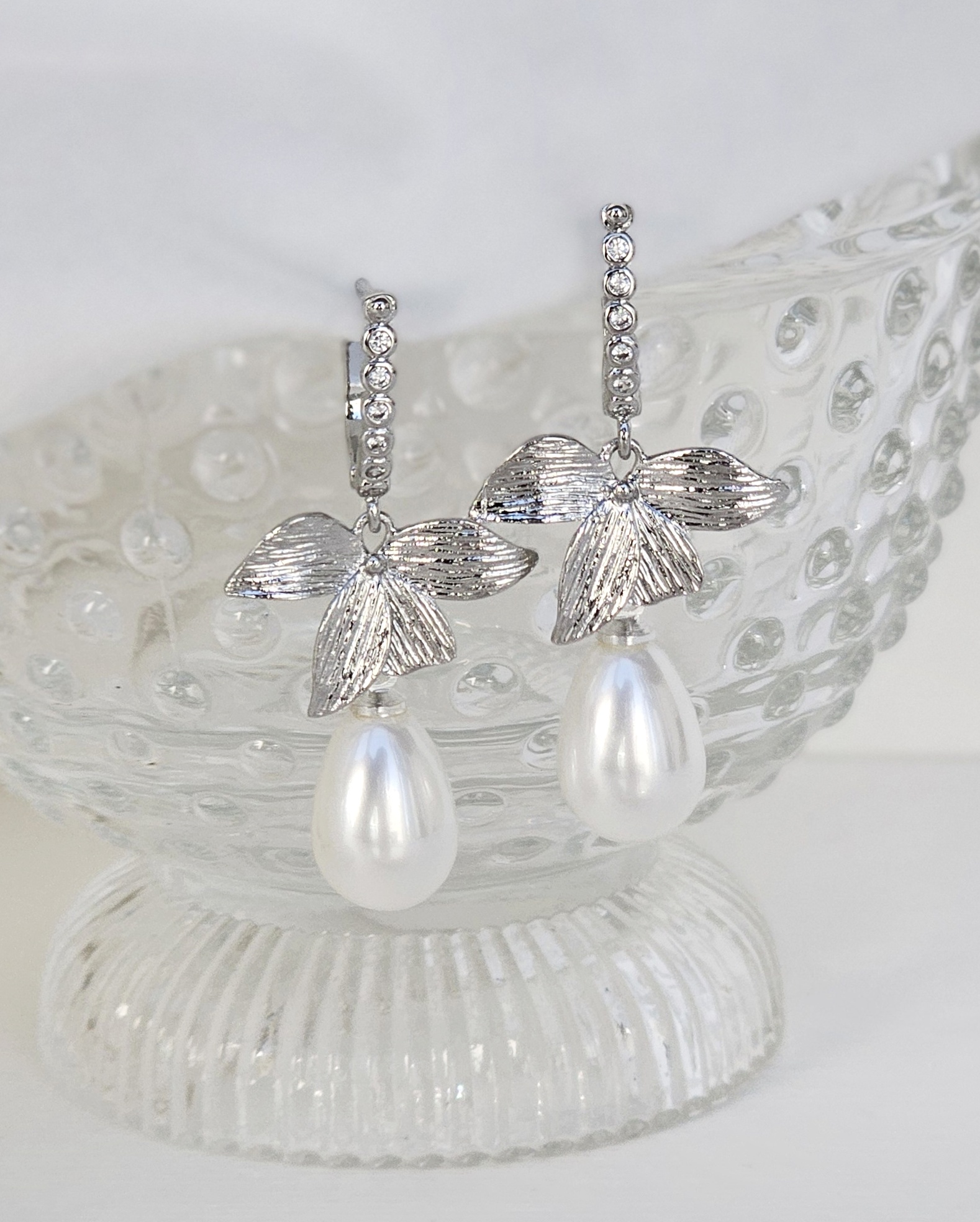 Aros argolla, hoja y perla silver