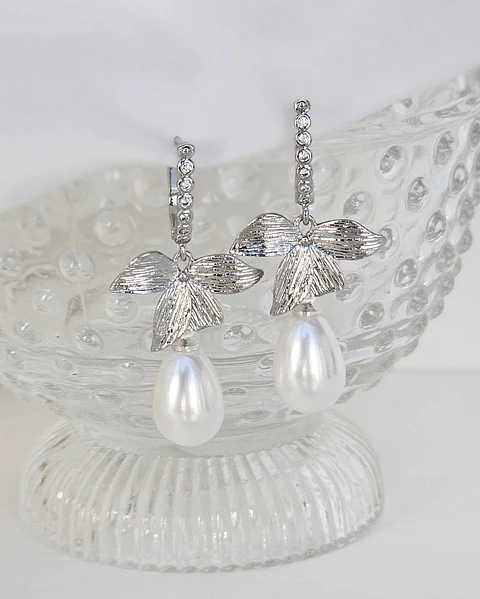 Aros argolla, hoja y perla silver
