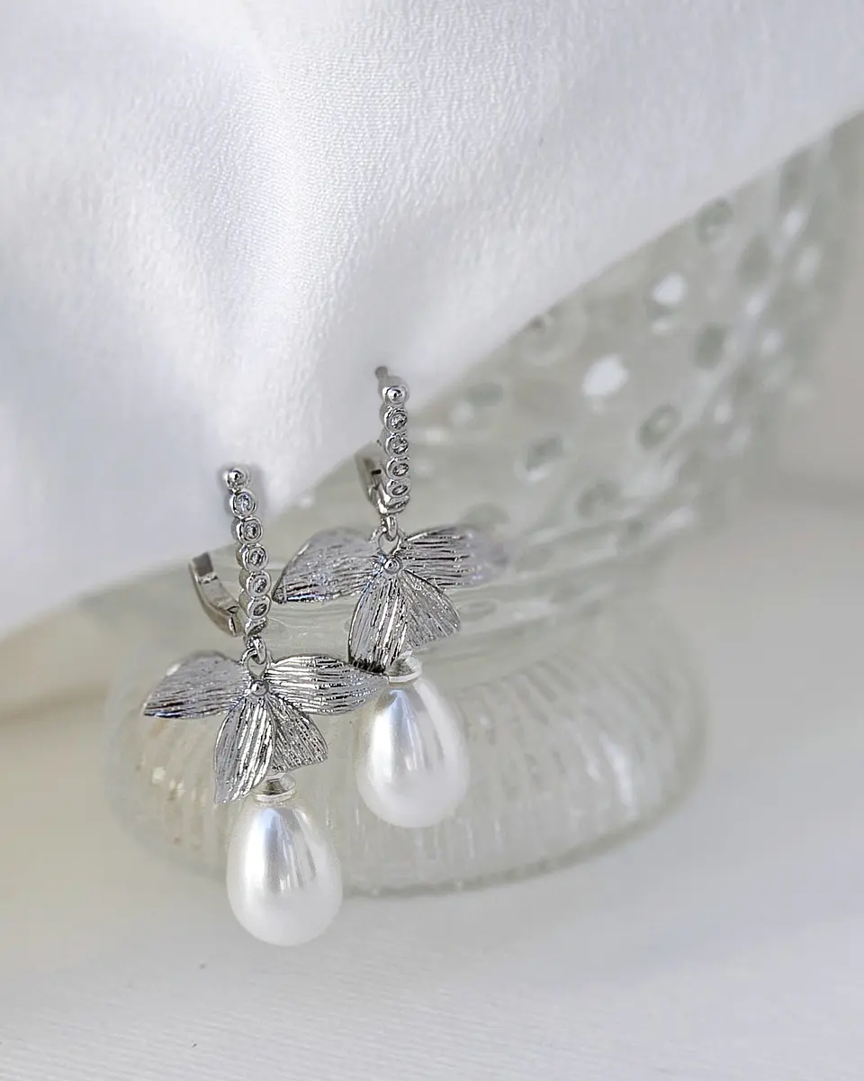 Aros argolla, hoja y perla silver 2