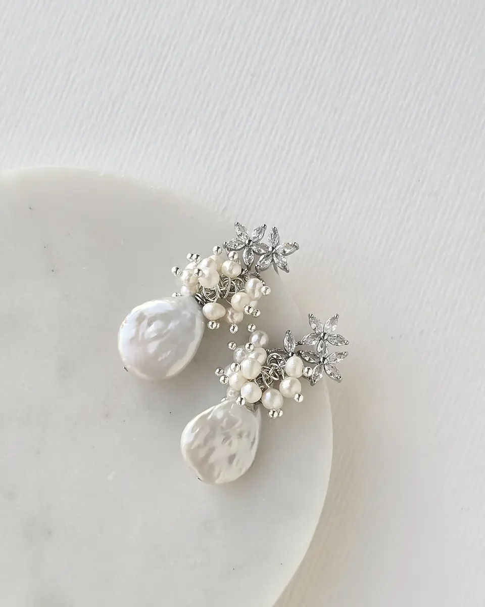 Aros tres flores circonita y perla natural silver 4