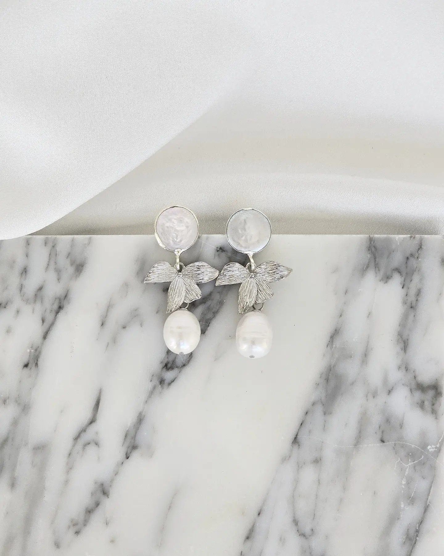 Aros perla hoja perla silver 2