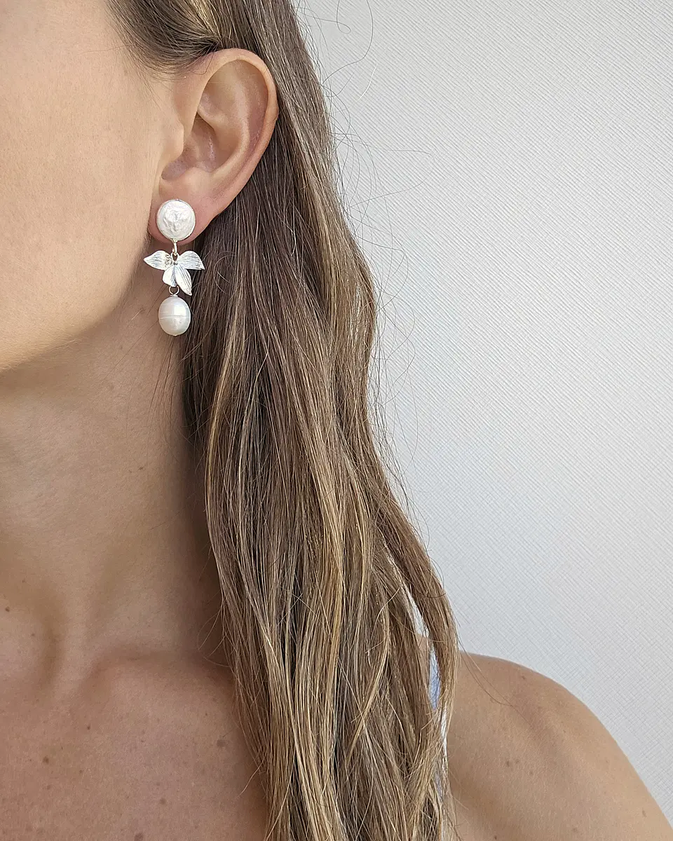 Aros perla hoja perla silver 3