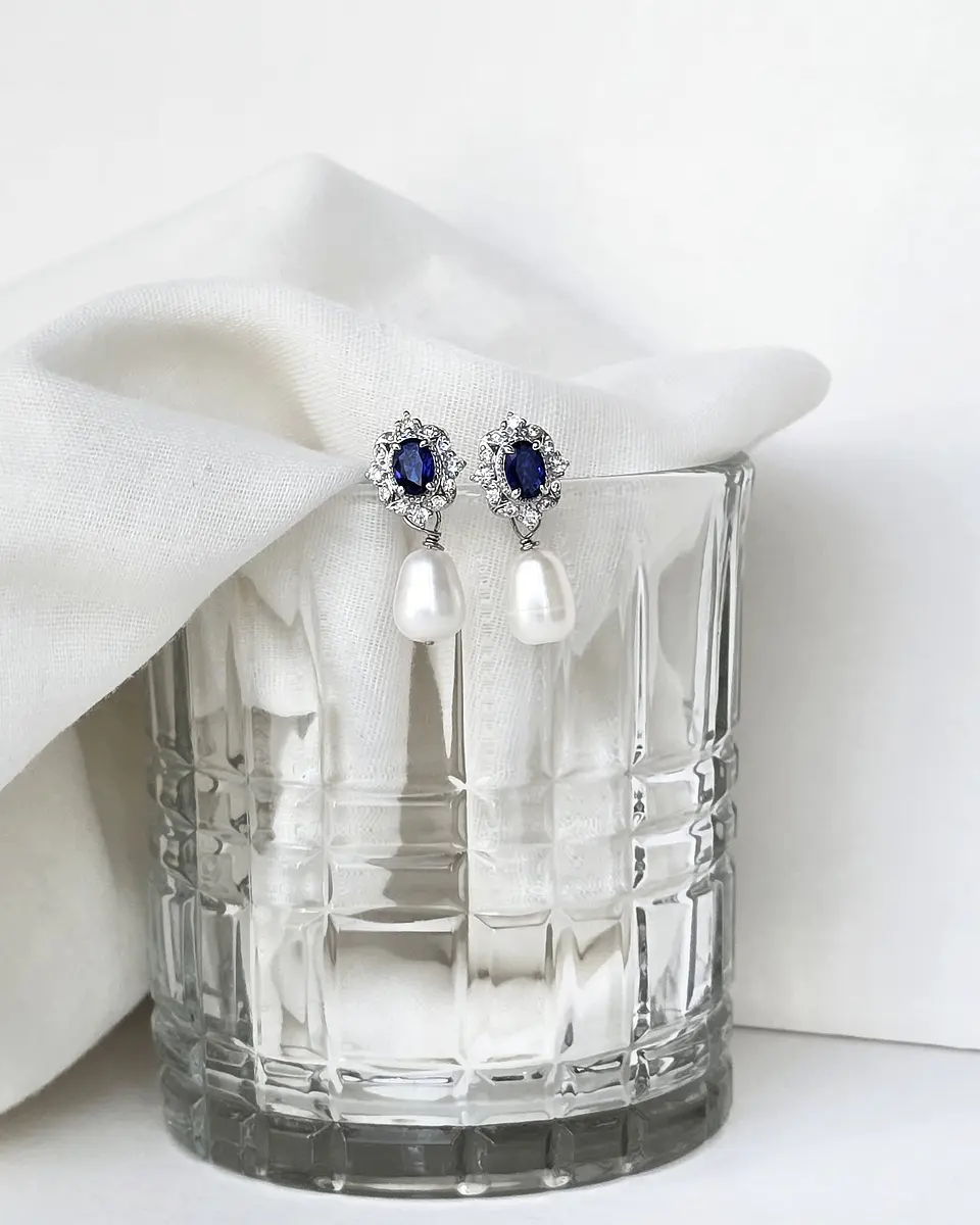Aros circonitas con cristal azul y perla natural 3