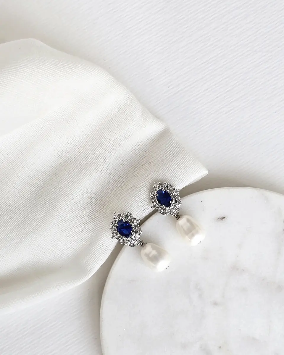 Aros circonitas con cristal azul y perla natural 2