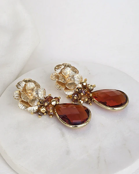 Aros flor con cristal café y racimo