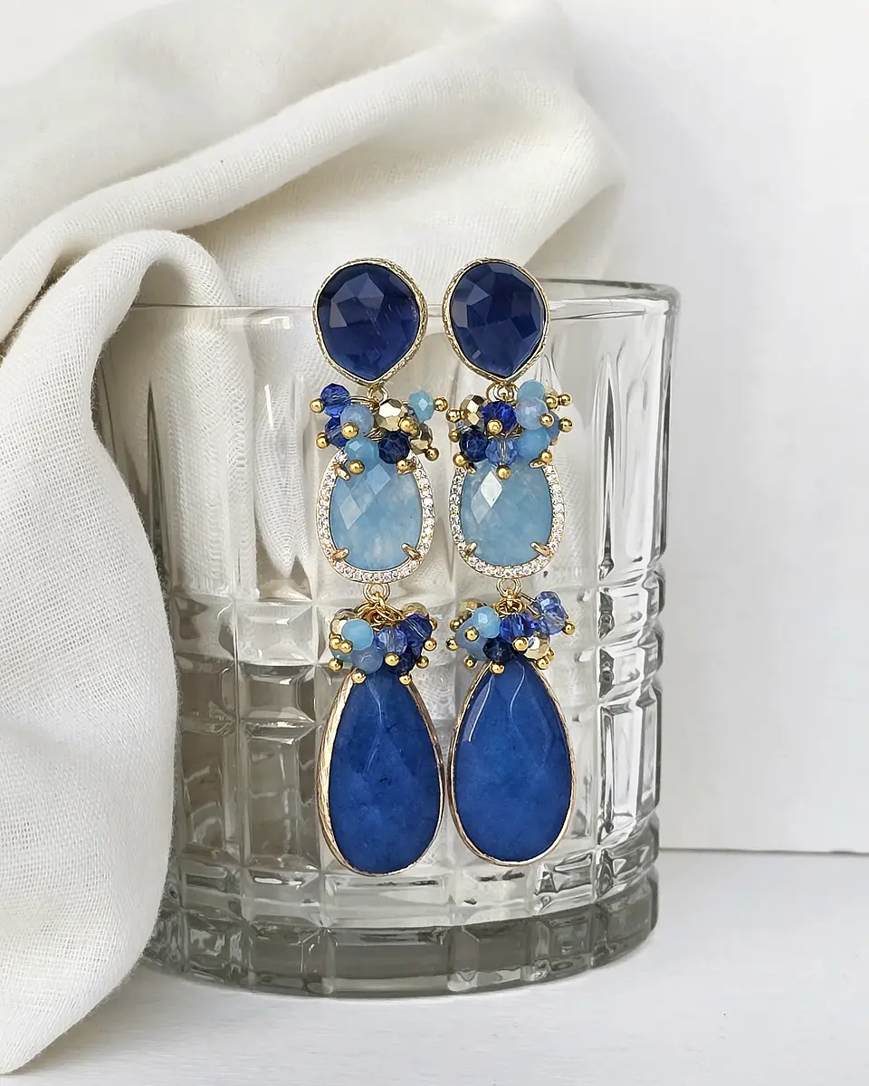 Aros largos de piedra azul y celeste con racimo 1