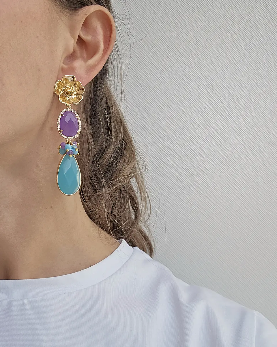 Aros largos flor, jade lila y turquesa con racimo 3