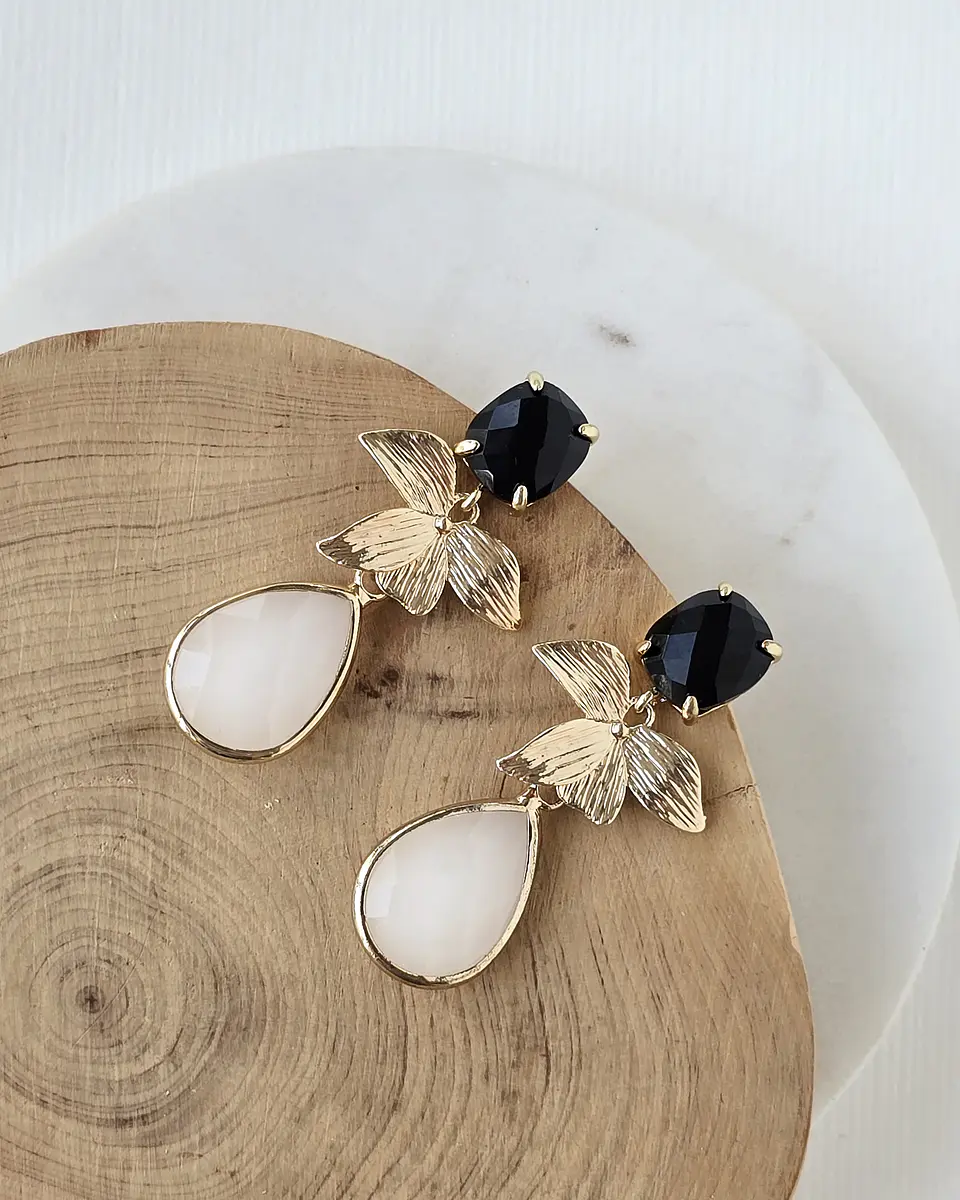 Aros de ágata negra, hoja y cristal blanco 1