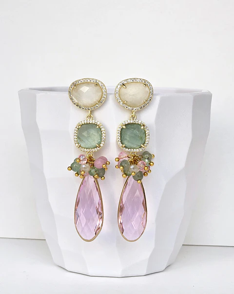 Aros piedra luna, jade verde y cristal rosa con racimo