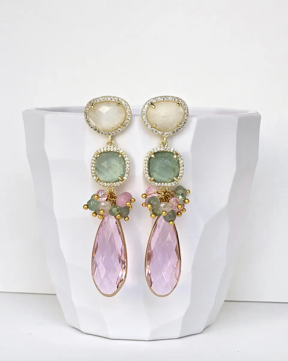 Aros piedra luna, jade verde y cristal rosa con racimo 1