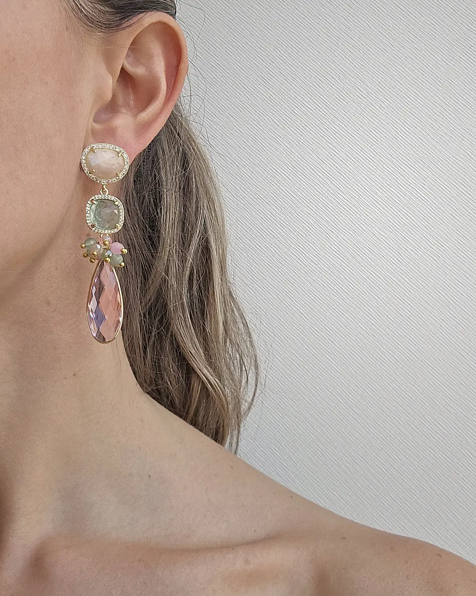 Aros piedra luna, jade verde y cristal rosa con racimo 2