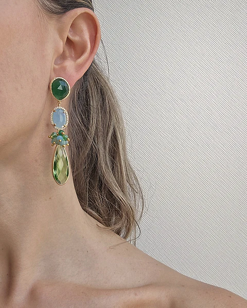 Aros de ágata verde, celeste y cristal verde claro con racimo