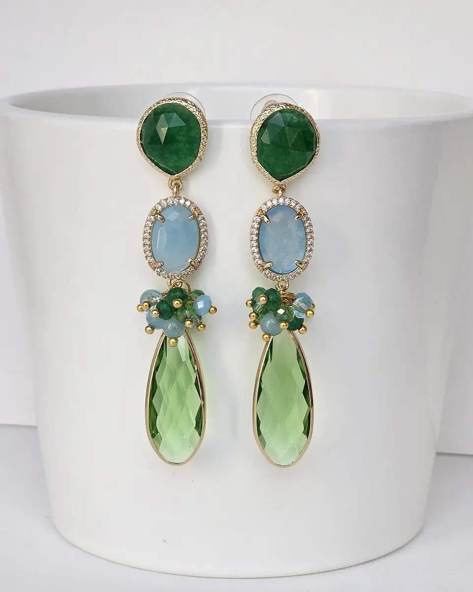 Aros de ágata verde, celeste y cristal verde claro con racimo 1