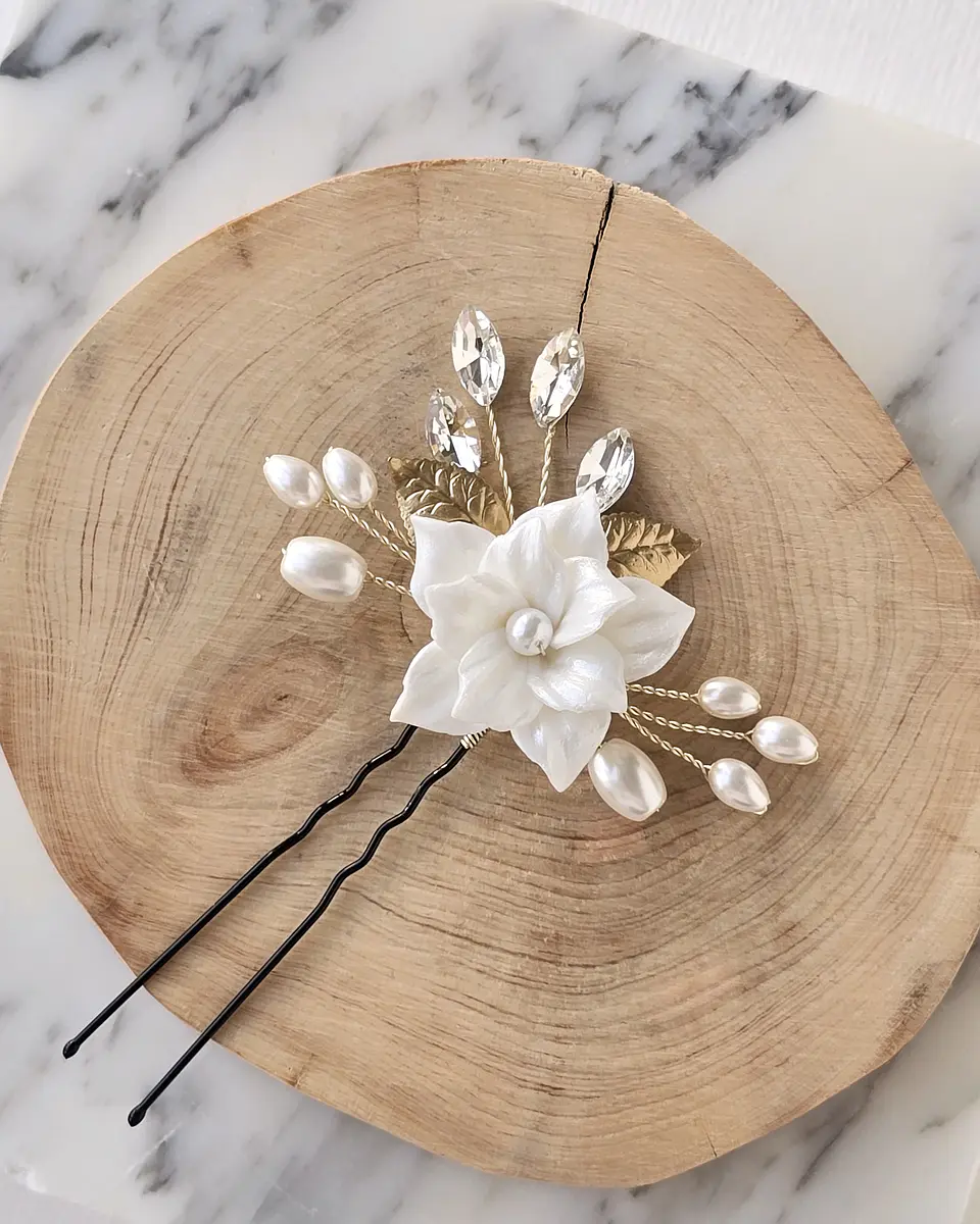 Pin de hoja metálica con flor de porcelana gold 2