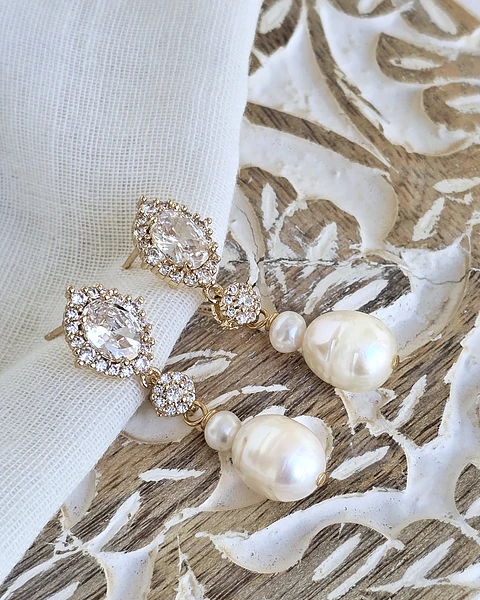 Aros doble circón y perlas naturales oro