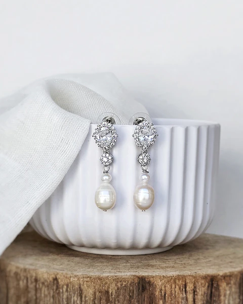 Aros doble circón y perlas naturales plata