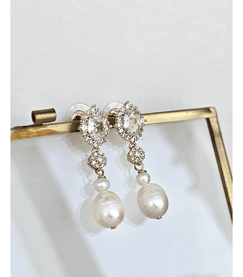 Aros doble circón y perlas naturales oro