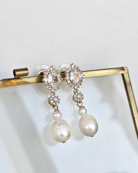 Aros doble circón y perlas naturales oro