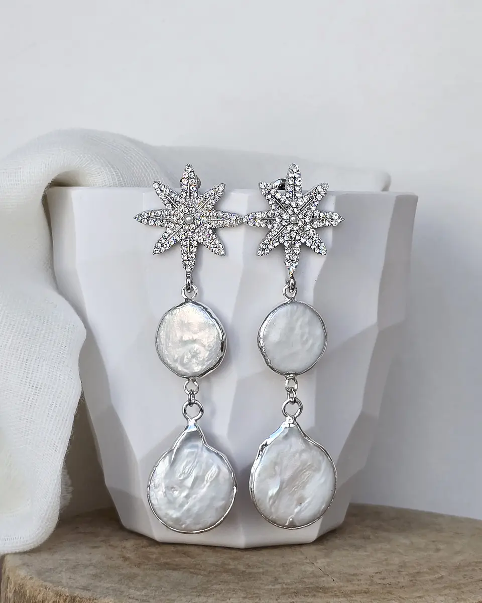 Aros estrella con brillos y perla plana 1