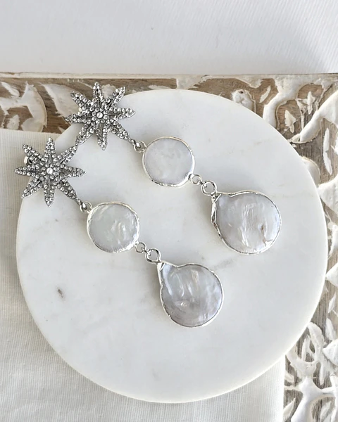 Aros estrella con brillos y perla plana
