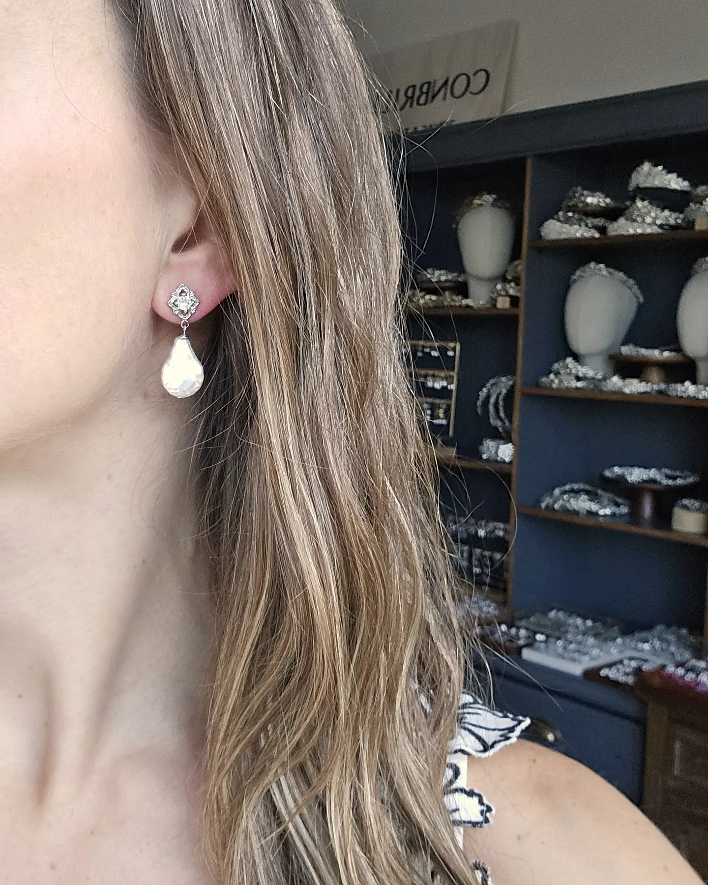 Aros rombo vintage y perla natural plata 3