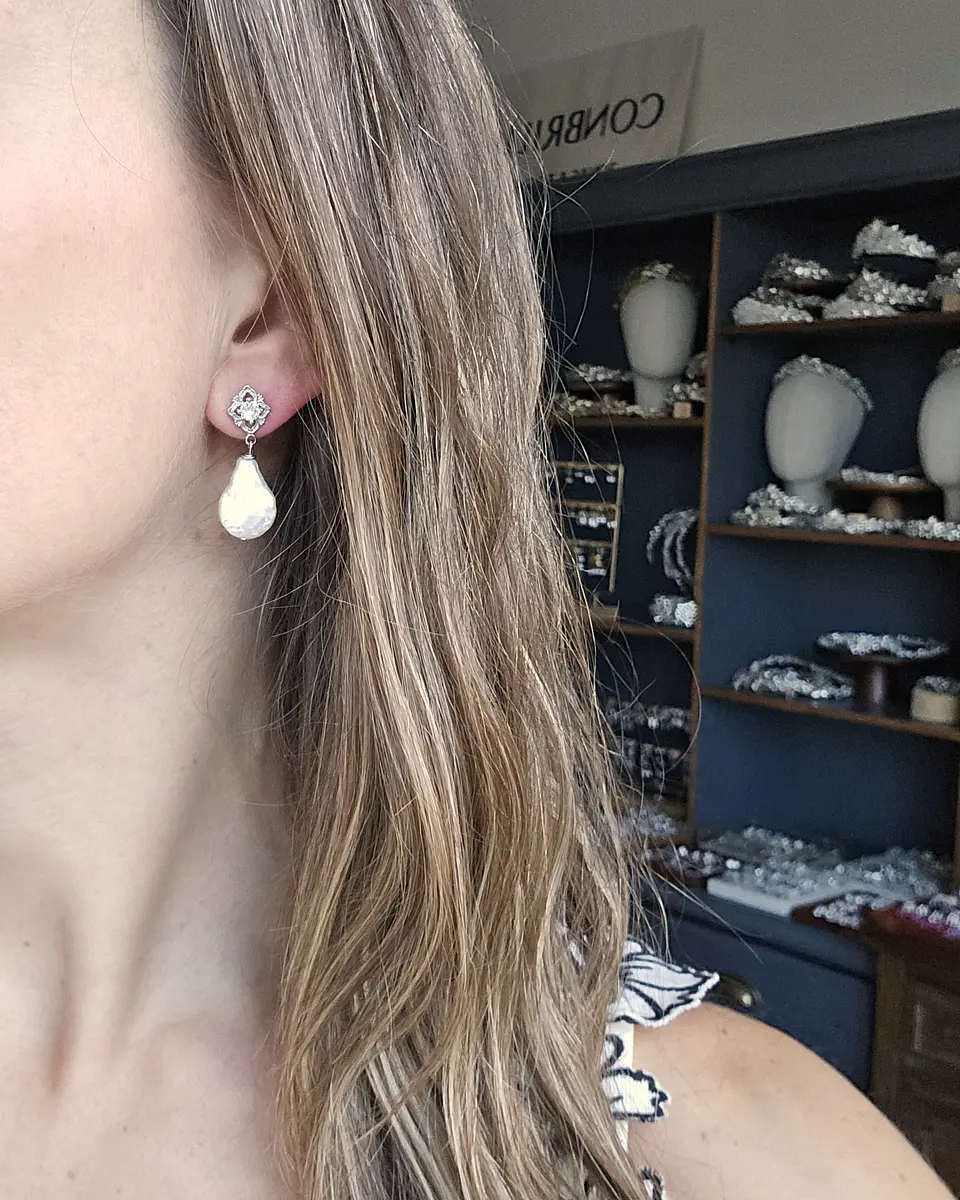 Aros rombo vintage y perla natural plata 3