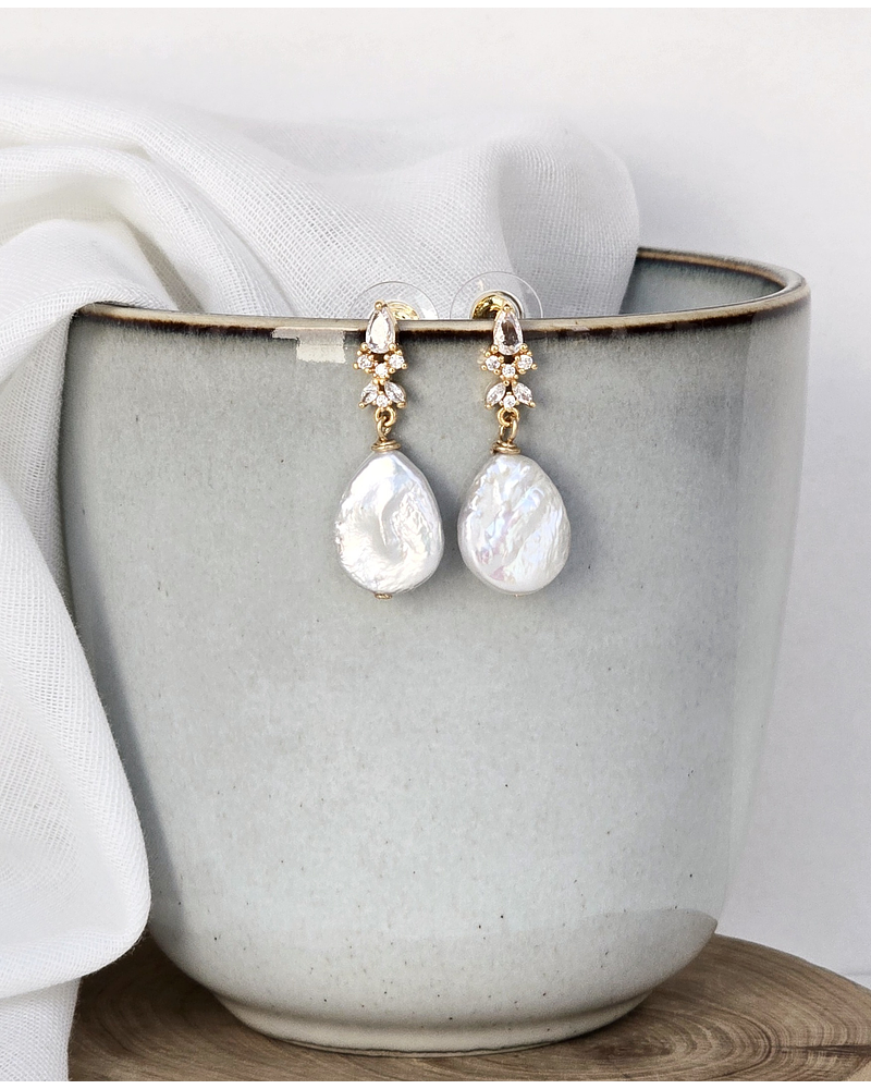 Aros circonita y perla natural oro