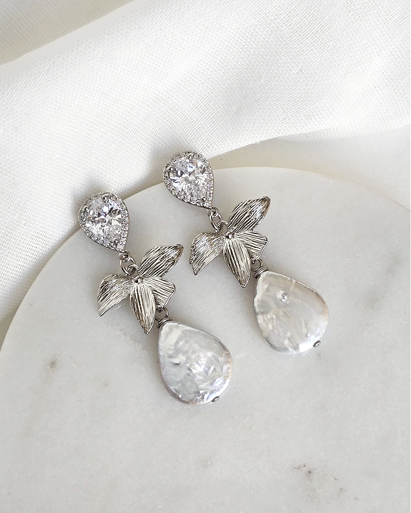 Aros circonita hoja y perla natural