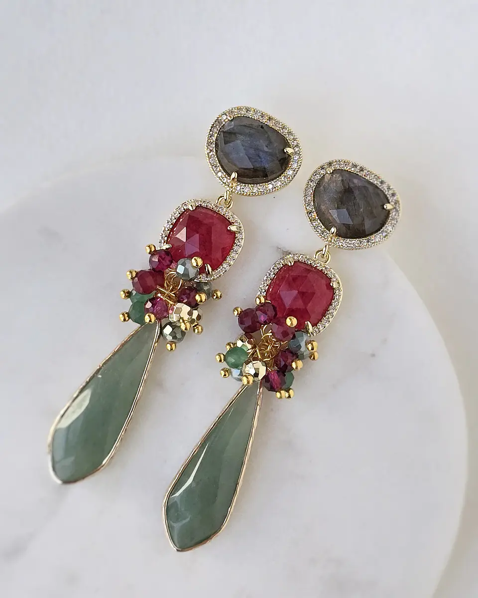 Aros largos labradorita ágata frambuesa y jade verde 1