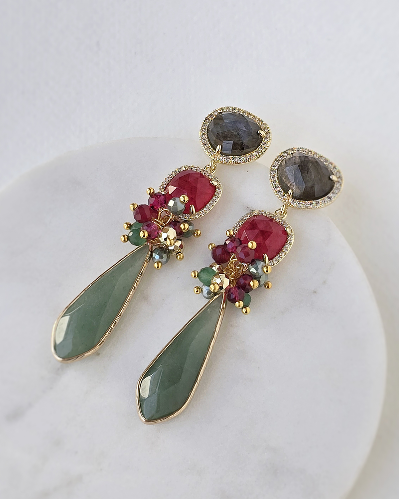 Aros largos labradorita ágata frambuesa y jade verde