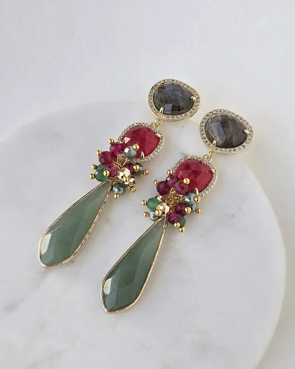 Aros largos labradorita ágata frambuesa y jade verde 2