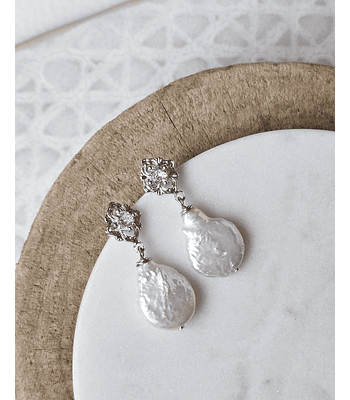 Aros rombo vintage y perla natural plata