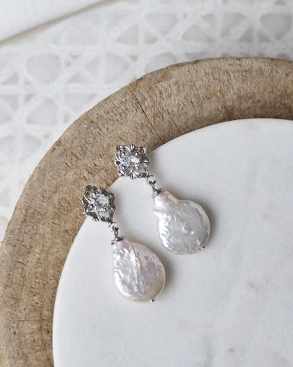 Aros rombo vintage y perla natural plata 2