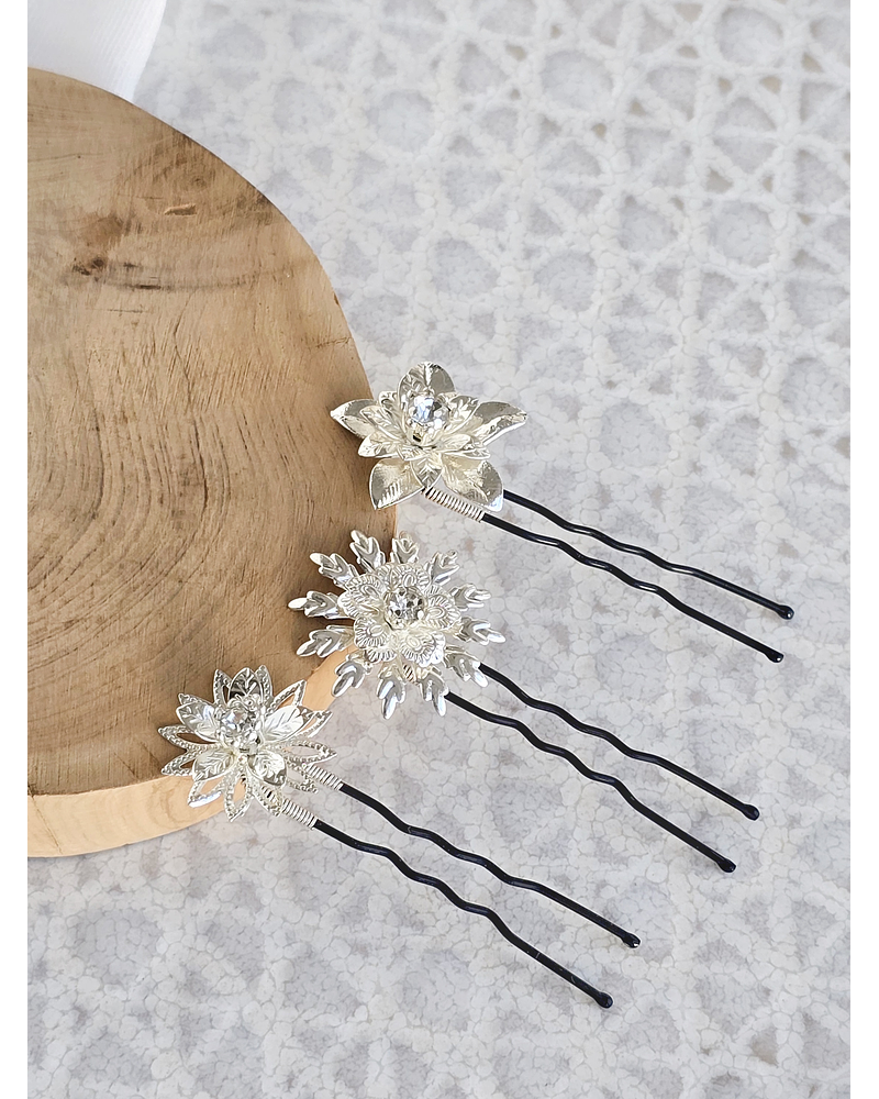 Set Pins flores M plateadas