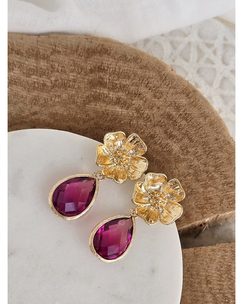 Aros flor y cristal fucsia degradé