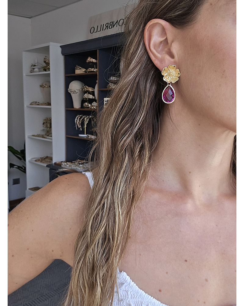 Aros flor y cristal fucsia degradé