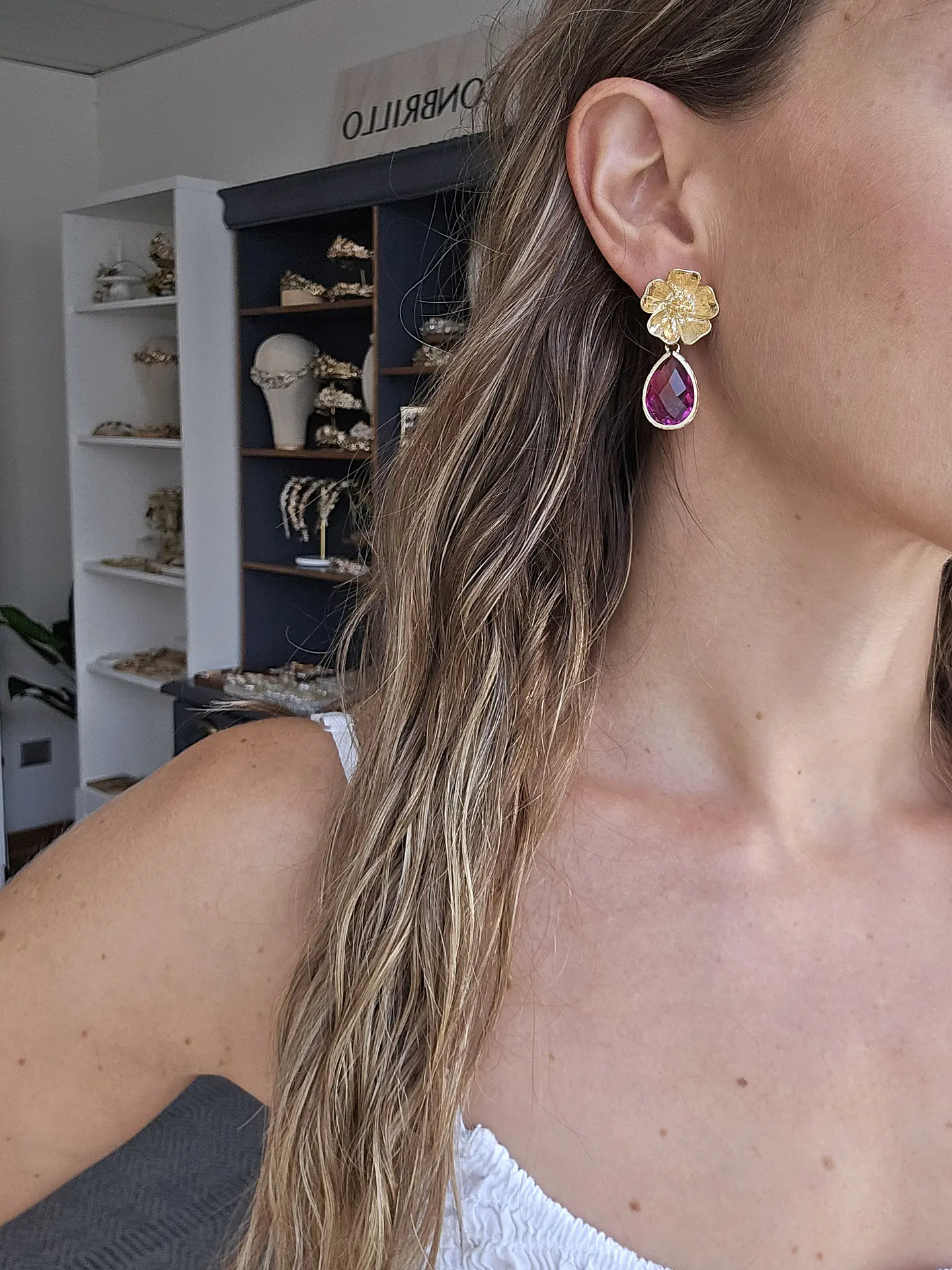Aros flor y cristal fucsia degradé 3