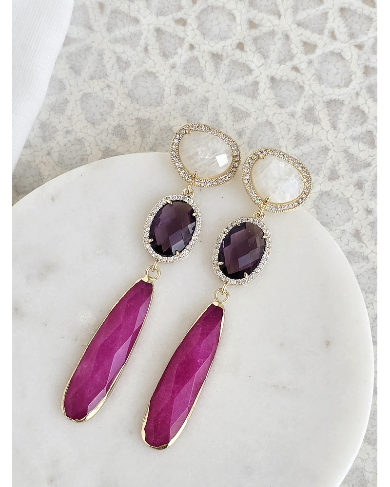 Aros largos blanco, morado y fucsia