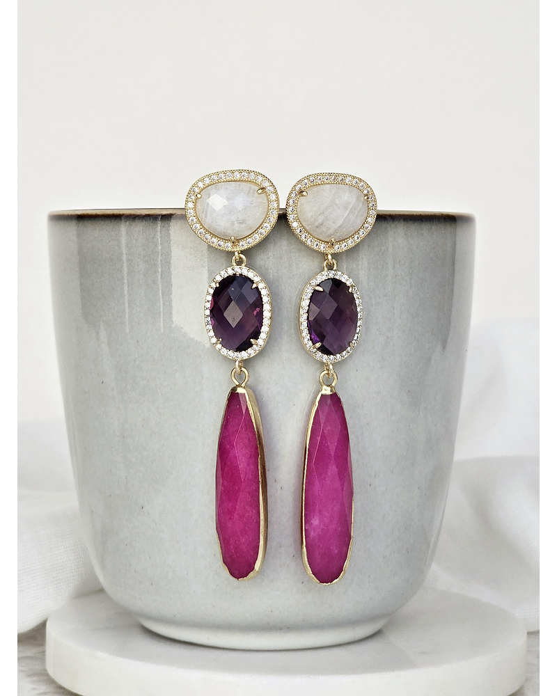 Aros largos blanco, morado y fucsia