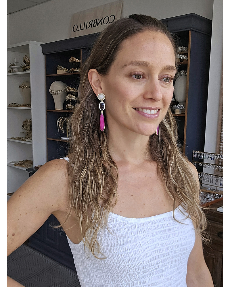 Aros largos blanco, morado y fucsia