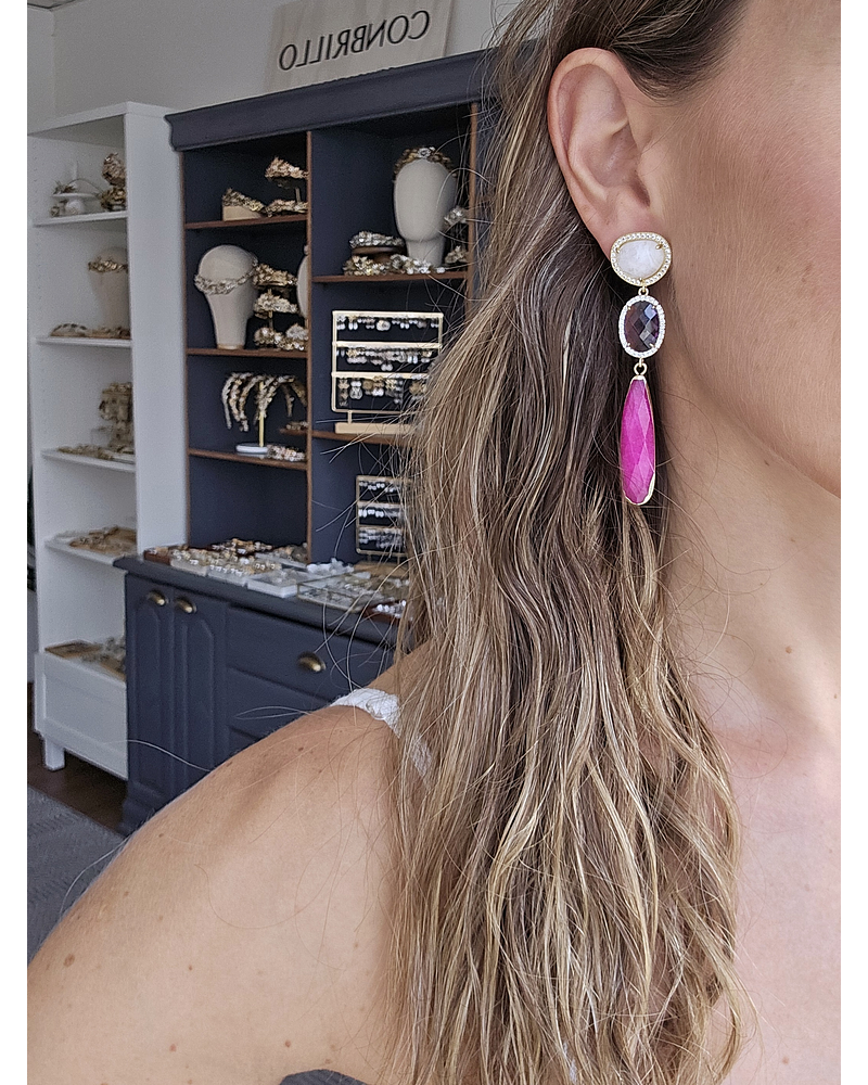 Aros largos blanco, morado y fucsia