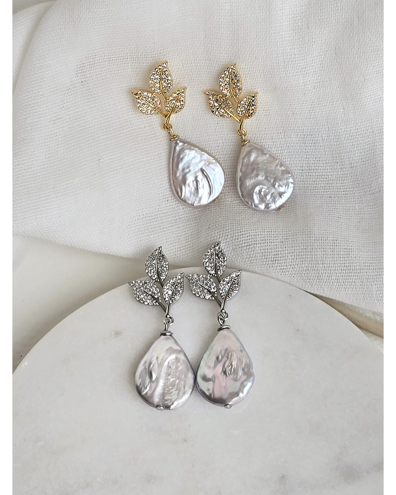 Aros hojas circonitas y perla natural