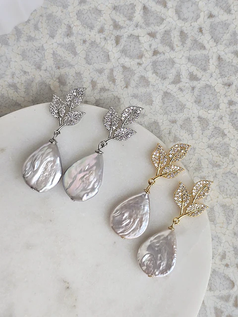 Aros hojas circonitas y perla natural