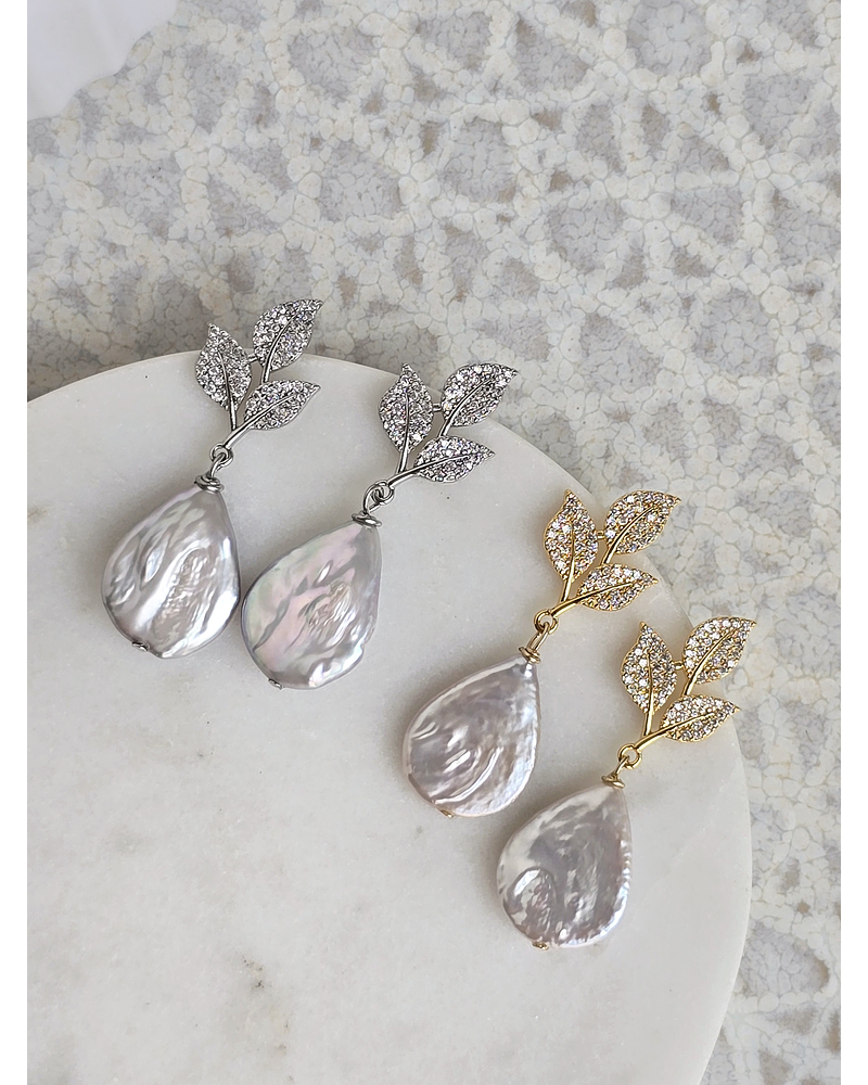 Aros hojas circonitas y perla natural