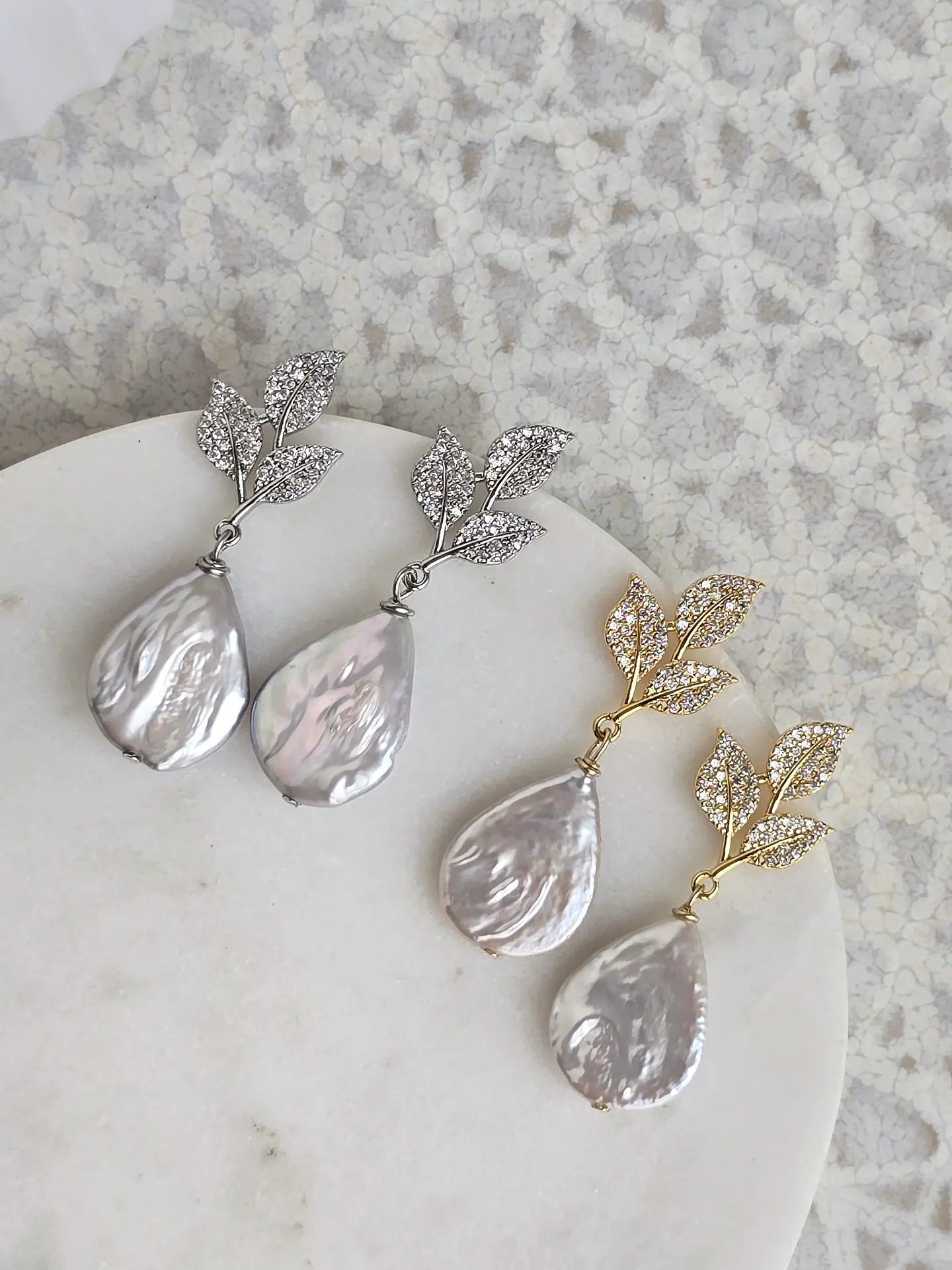 Aros hojas circonitas y perla natural 1