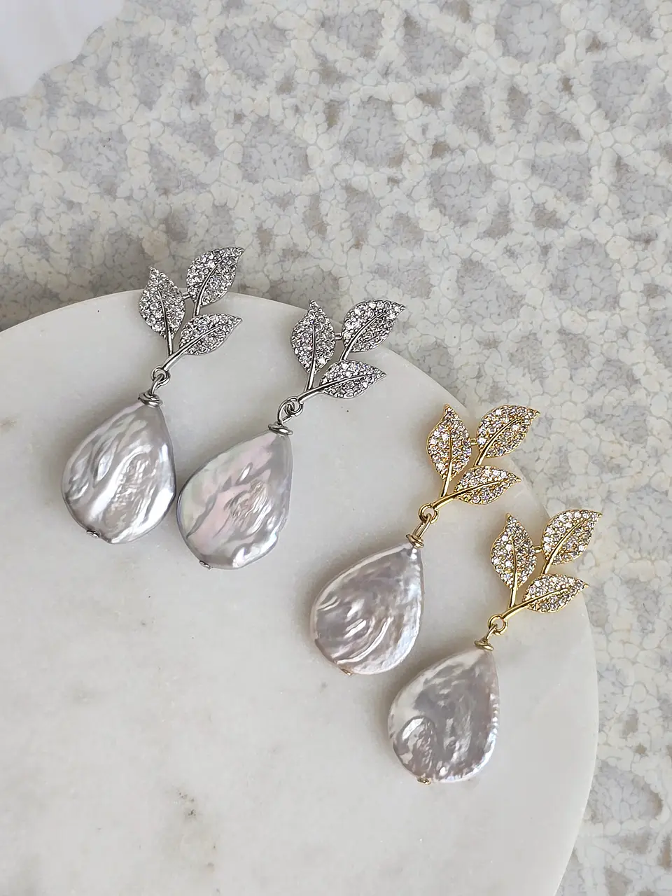 Aros hojas circonitas y perla natural 1